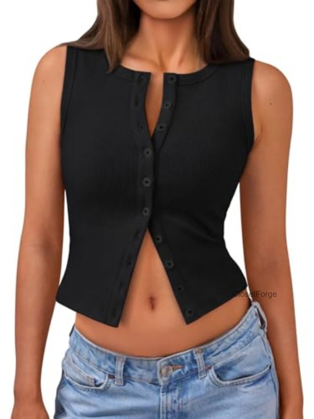 Ribbed Button Down Crop Tank Top Sleeveless Going Out Summer